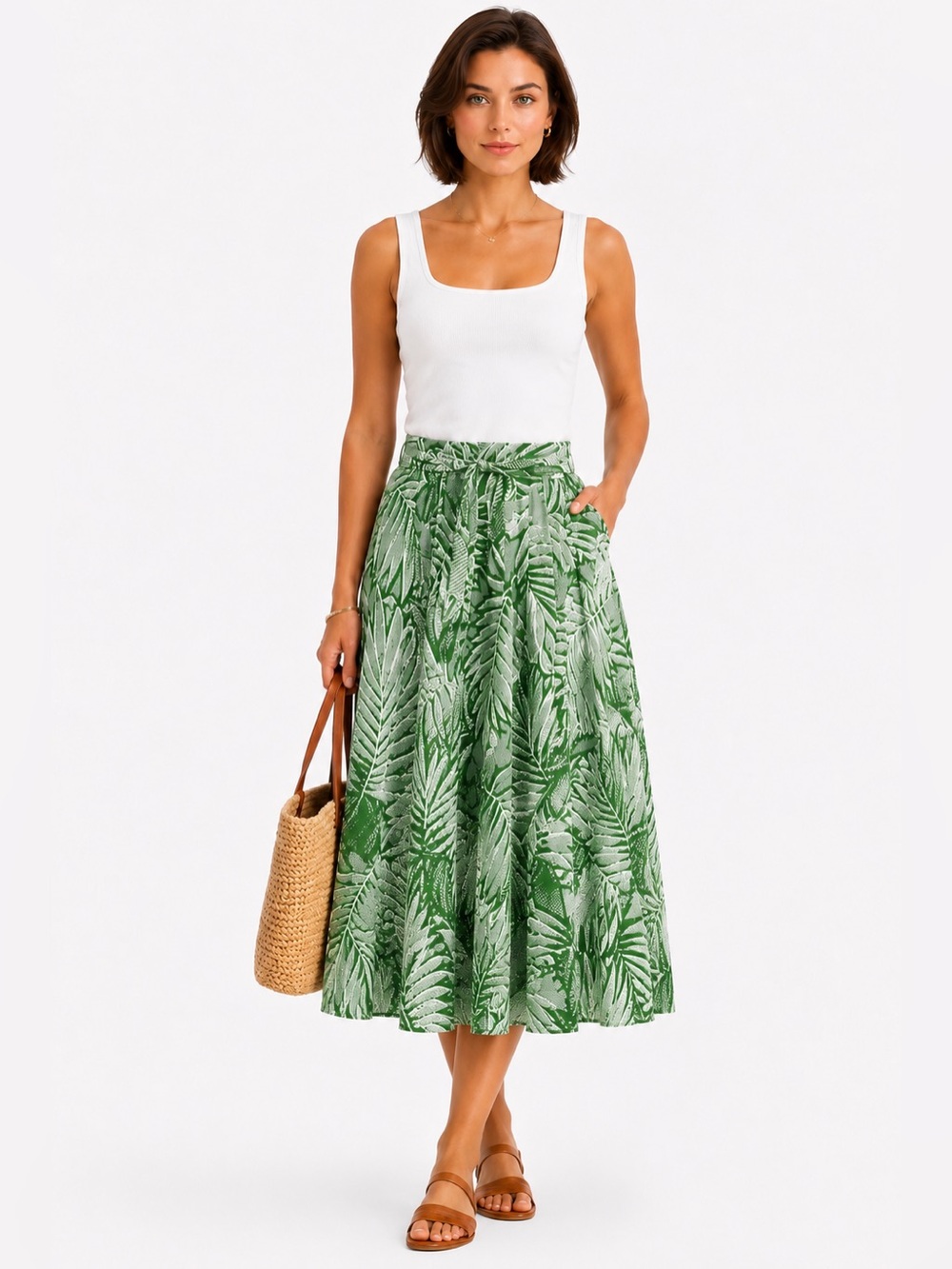 Talbots Palm Print Midi Skirt Green White Cotton Tropical Summer Flowy Size 12